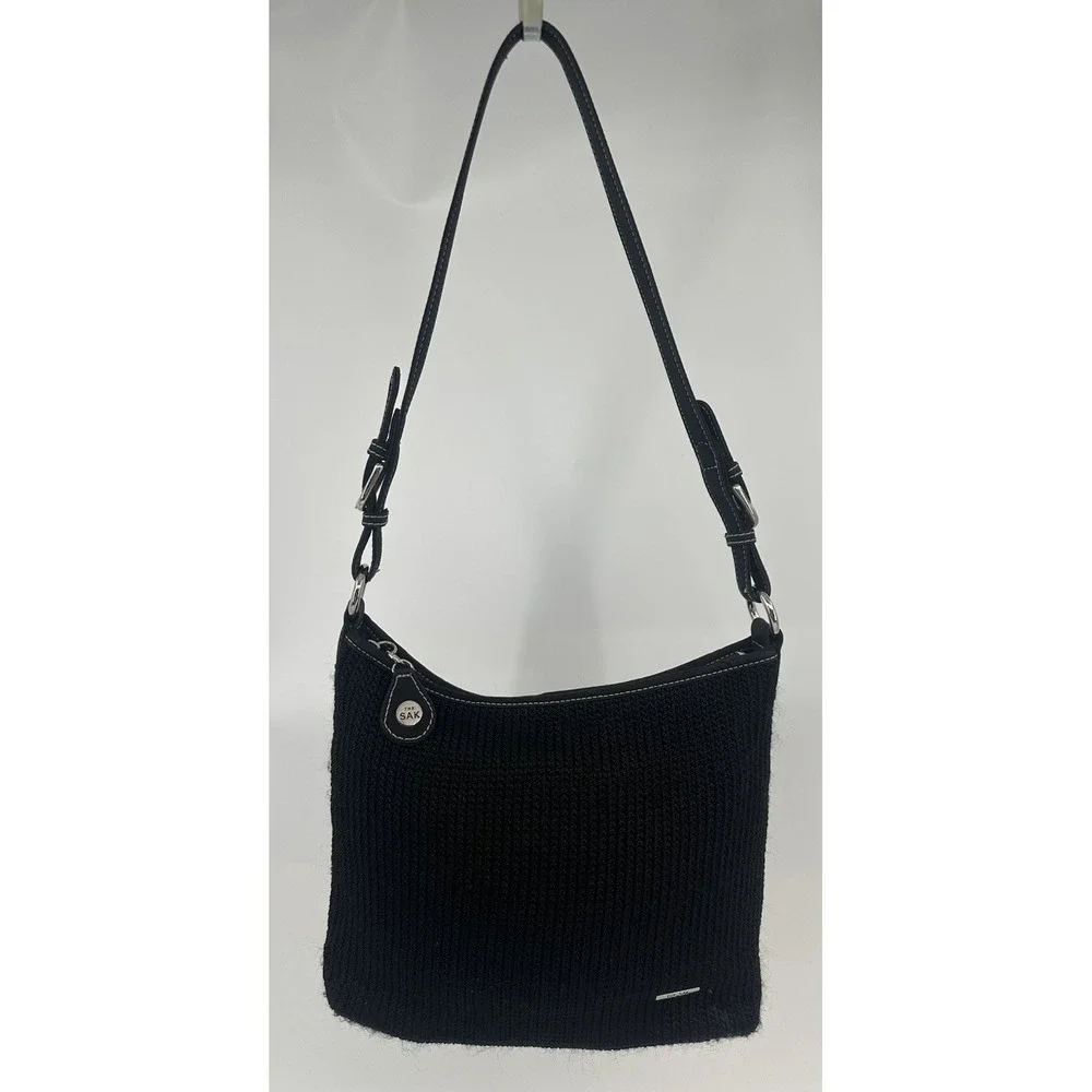 The Sak Handbag Purse Black‎ Woven Medium Adjustable Strap Logo Lined Shoulder